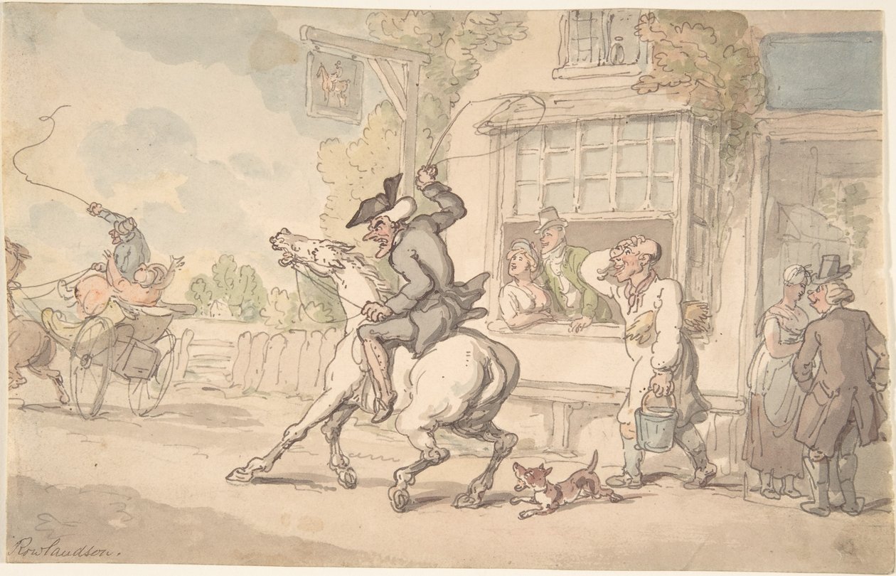 Dr. Syntax mit einem störrischen Pferd vor einem Gasthof von Thomas Rowlandson
