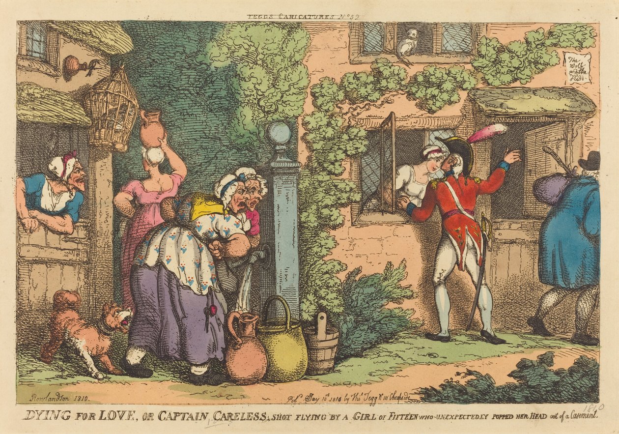 Sterben aus Liebe, oder Captain Careless wird von einem fünfzehnjährigen Mädchen erschossen, das unerwartet ihren Kopf aus einem Fenster steckte von Thomas Rowlandson