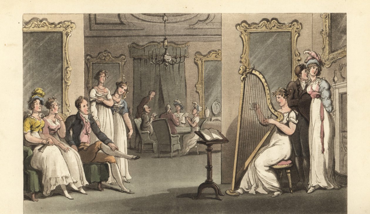 Englischer Gentleman und Damen hören einem Harfenisten bei einem Ball zu von Thomas Rowlandson