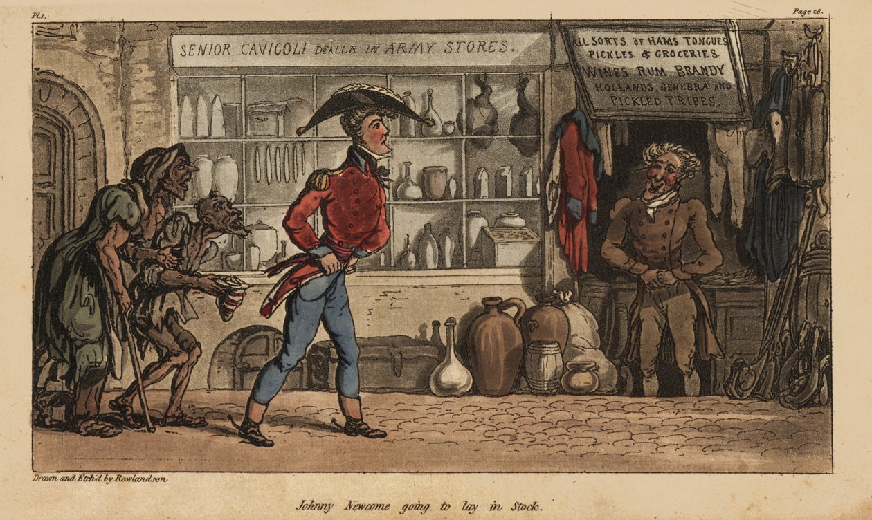 Ensign Johnny Newcome kauft überteuerte Vorräte in Senor Cavigoles Laden in Lissabon, Portugal von Thomas Rowlandson