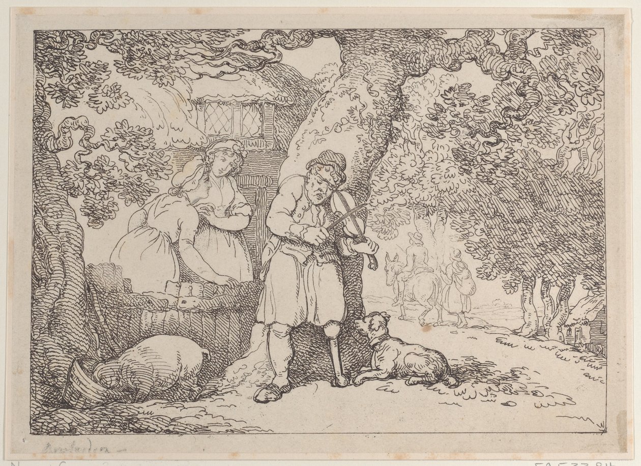 Geiger, Matrose, zwei Frauen und ein Schwein bei einem Cottage von Thomas Rowlandson
