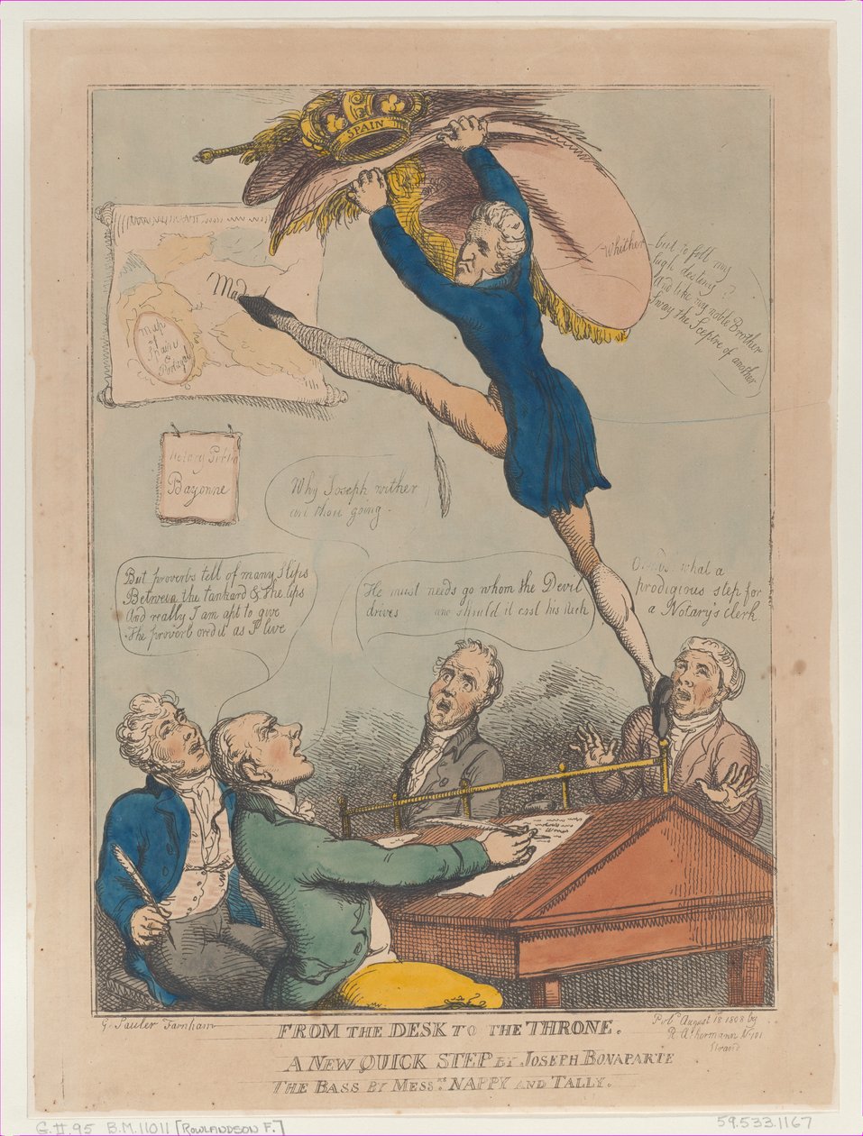 Vom Schreibtisch zum Thron, Ein neuer schneller Schritt von Joseph Bonaparte der Bass von M..., 18. August 1808 von Thomas Rowlandson