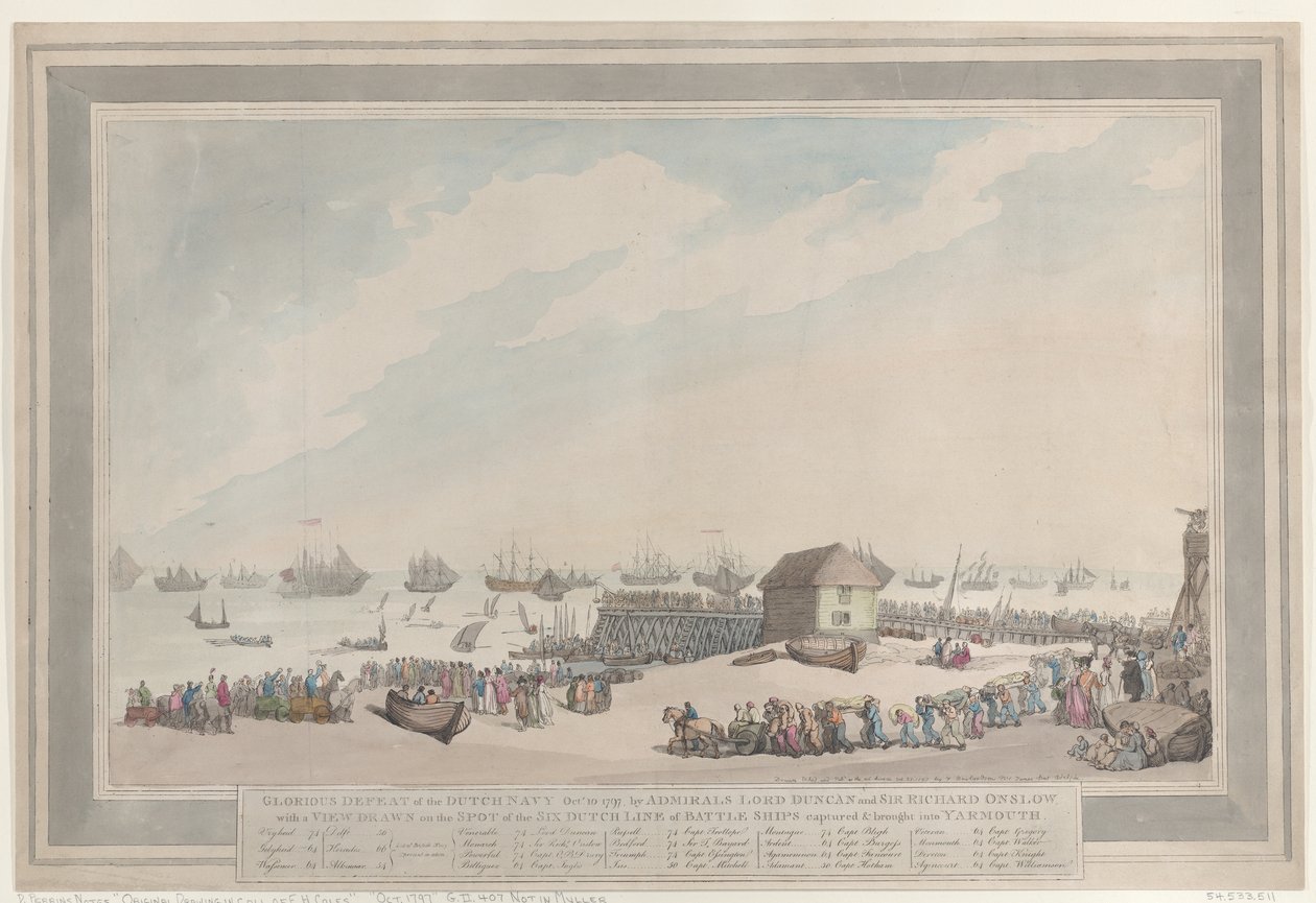 Ruhmreiche Niederlage der niederländischen Marine, 10. Oktober 1797, durch Admirale Lord Duncan und Sir Richard Onslow mit einer vor Ort gezeichneten Ansicht der sechs erbeuteten niederländischen Linienschiffe, die nach Yarmouth gebracht wurden von Thomas Rowlandson