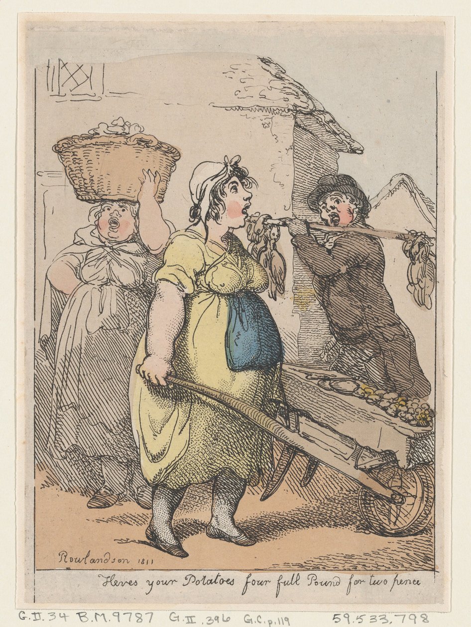 Hier sind Ihre Kartoffeln, vier volle Pfund für zwei Pence, 1811 von Thomas Rowlandson
