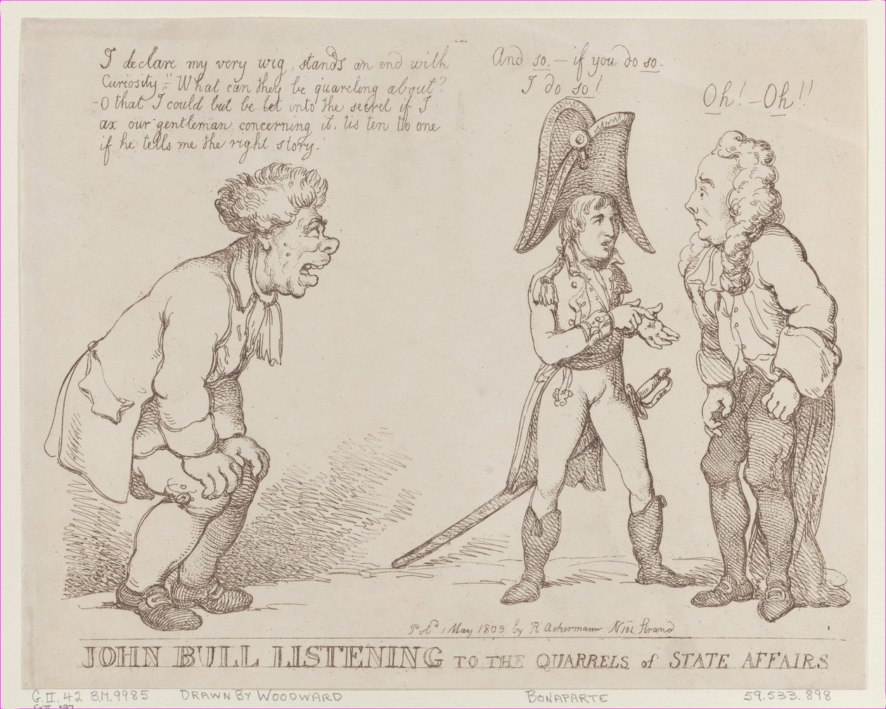 John Bull hört den Streitigkeiten der Staatsangelegenheiten zu, 1. Mai 1803 von Thomas Rowlandson