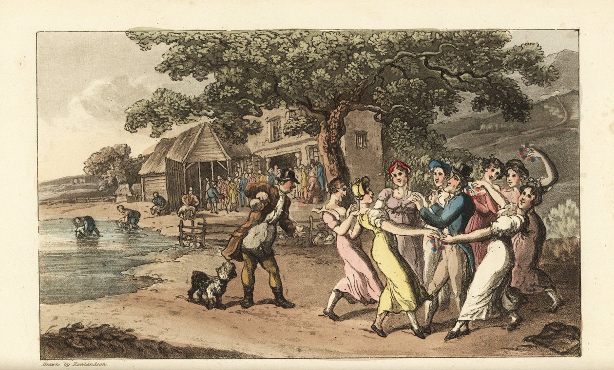 Johnny spielt seine Flöte auf einem Schafschurfest, umgeben von tanzenden Landmädchen. Schäfer scheren Schafe in einer Scheune und waschen sie in einem Teich. Handkolorierte Kupferstichgravur von Thomas Rowlandson aus William Combes The History of Johnny Q von Thomas Rowlandson