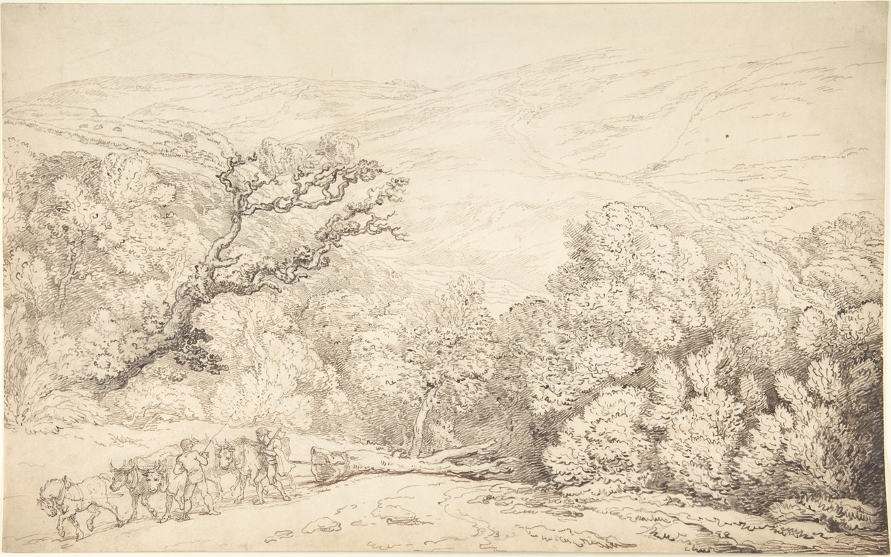 Landschaft mit Ochsen und gefälltem Baum von Thomas Rowlandson