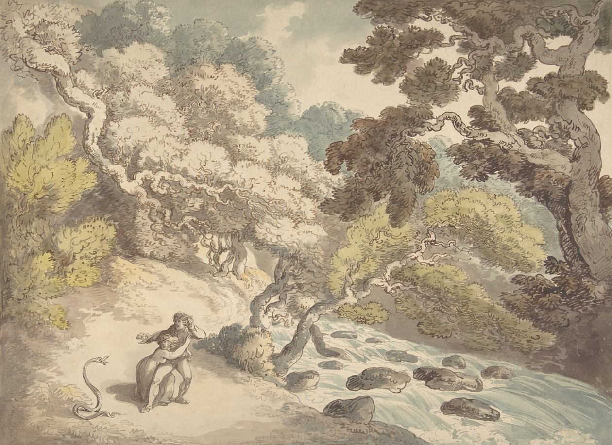 Landschaft mit reißendem Bach und einem Paar am Ufer, erschrocken von einer Schlange von Thomas Rowlandson