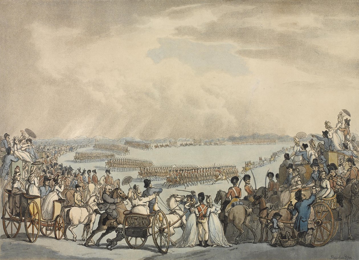 Leichte Kavallerie-Freiwillige von London und Westminster, kommandiert von Colonel Herries, inspiziert von Seiner Majestät auf dem Wimbledon Common, 5. Juli 1798 von Thomas Rowlandson