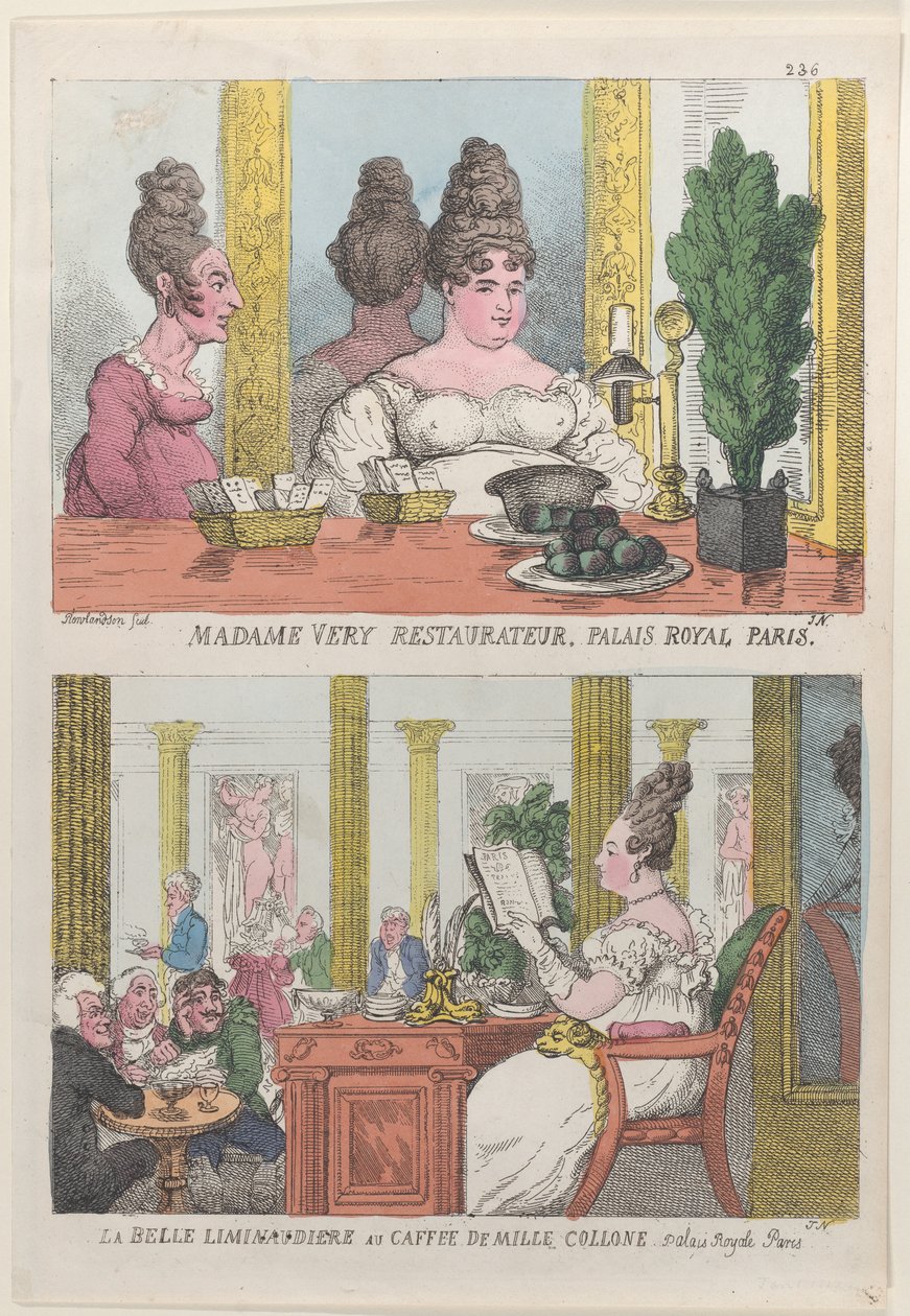 Madame Very Restauranteur, Palais Royal Paris und La Belle Liminaudiere im Café De Mille, 1814 von Thomas Rowlandson