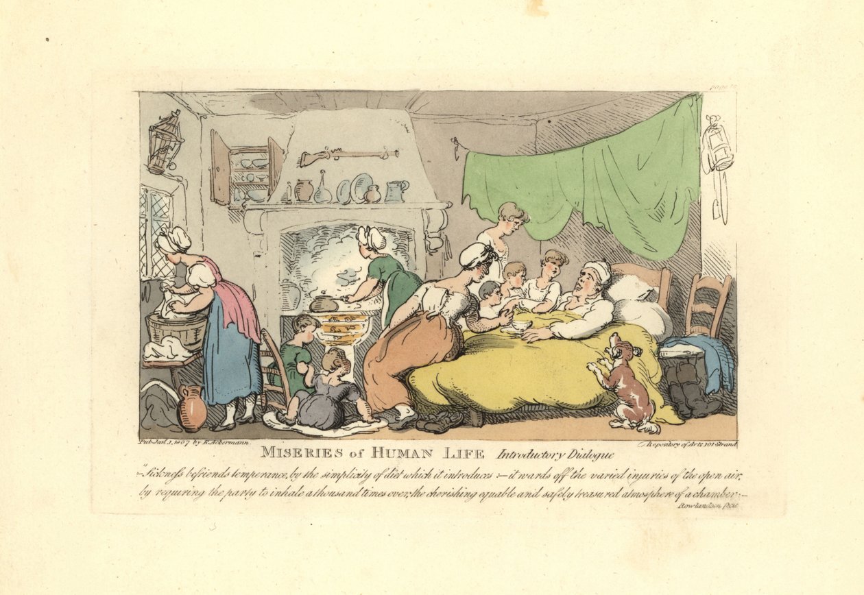 Mann in seinem Krankenbett, umgeben von liebevoller Ehefrau, Kindern und Diener von Thomas Rowlandson