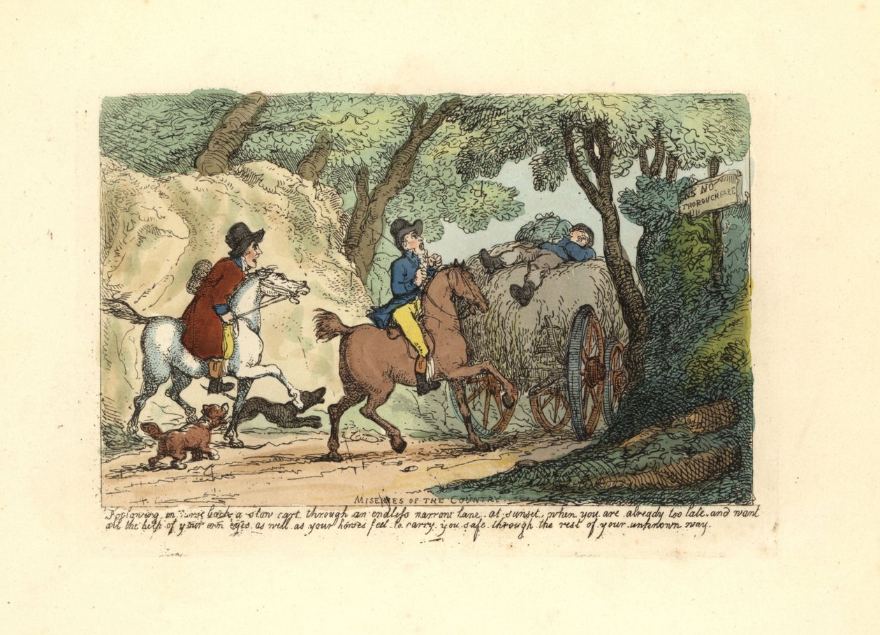 Mann zu Pferd hinter einem langsam fahrenden Wagen auf einem schmalen Weg von Thomas Rowlandson