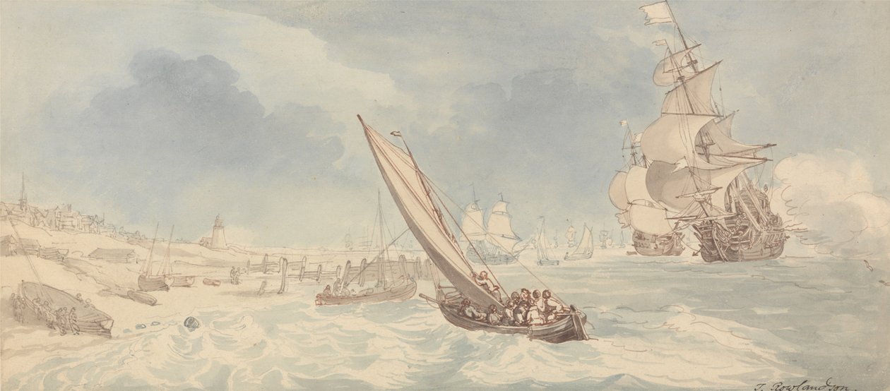 Kriegsschiffe und Segelboote in der Nähe einer Küste von Thomas Rowlandson