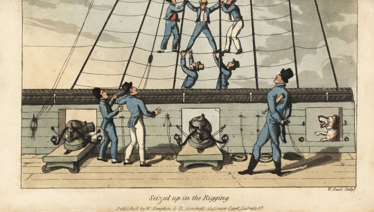 Seefahrtsritual: Johnny wird von seinen Kameraden im Takelwerk festgehalten und ausgestreckt. Handkolorierter Kupferstich von W. Read nach einer Illustration von Thomas Rowlandson aus Alfred Burtons The Adventures of Johnny Newcombe in the Navy, Simp von Thomas Rowlandson