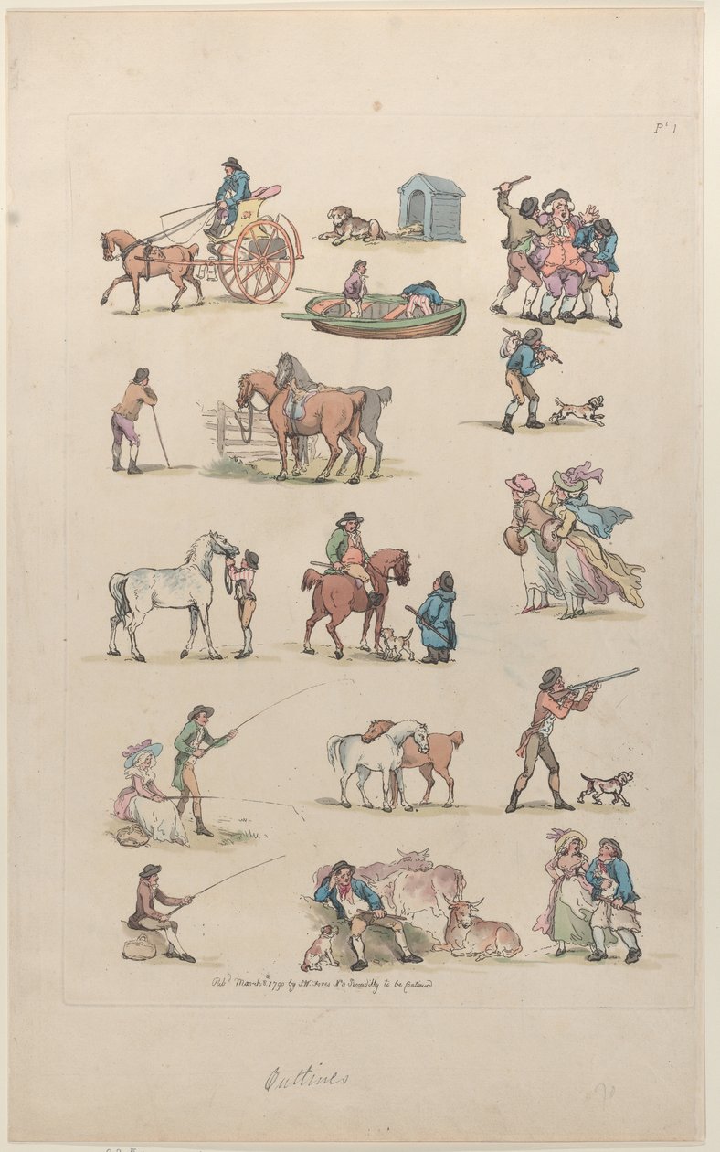 Tafel 1, Umrisse von Figuren, Landschaften und Vieh...für Lernende, Ma..., 8. März 1790 von Thomas Rowlandson