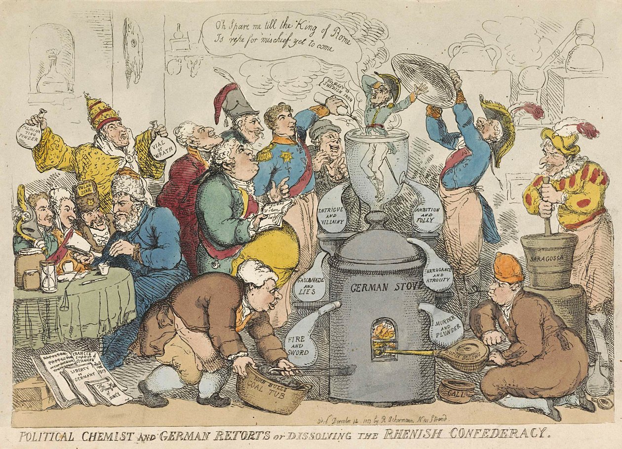 Politischer Chemiker und deutsche Retorten oder Auflösung des Rheinbundes, veröffentlicht 1813 von Thomas Rowlandson