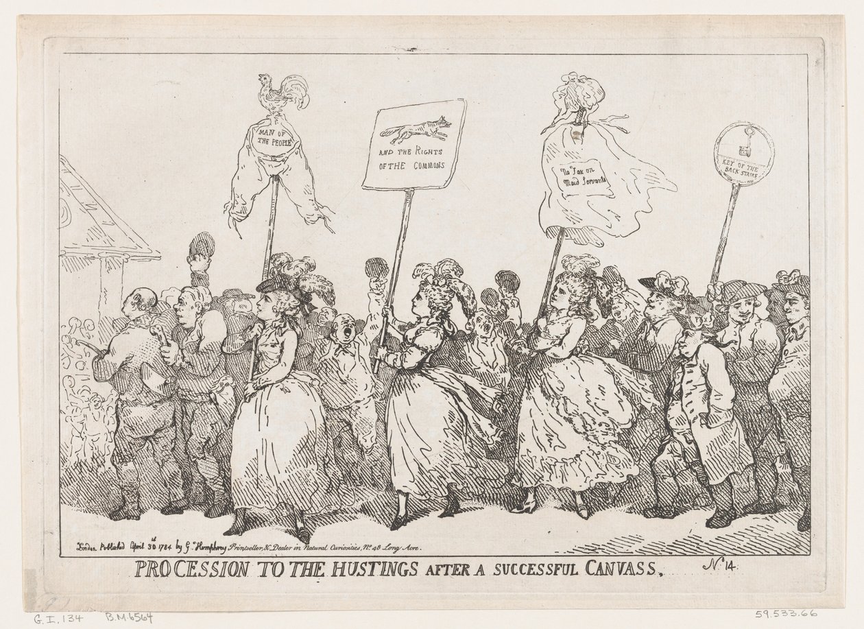 Prozession zu den Wahlurnen nach einer erfolgreichen Wahlkampagne, 30. April 1784 von Thomas Rowlandson