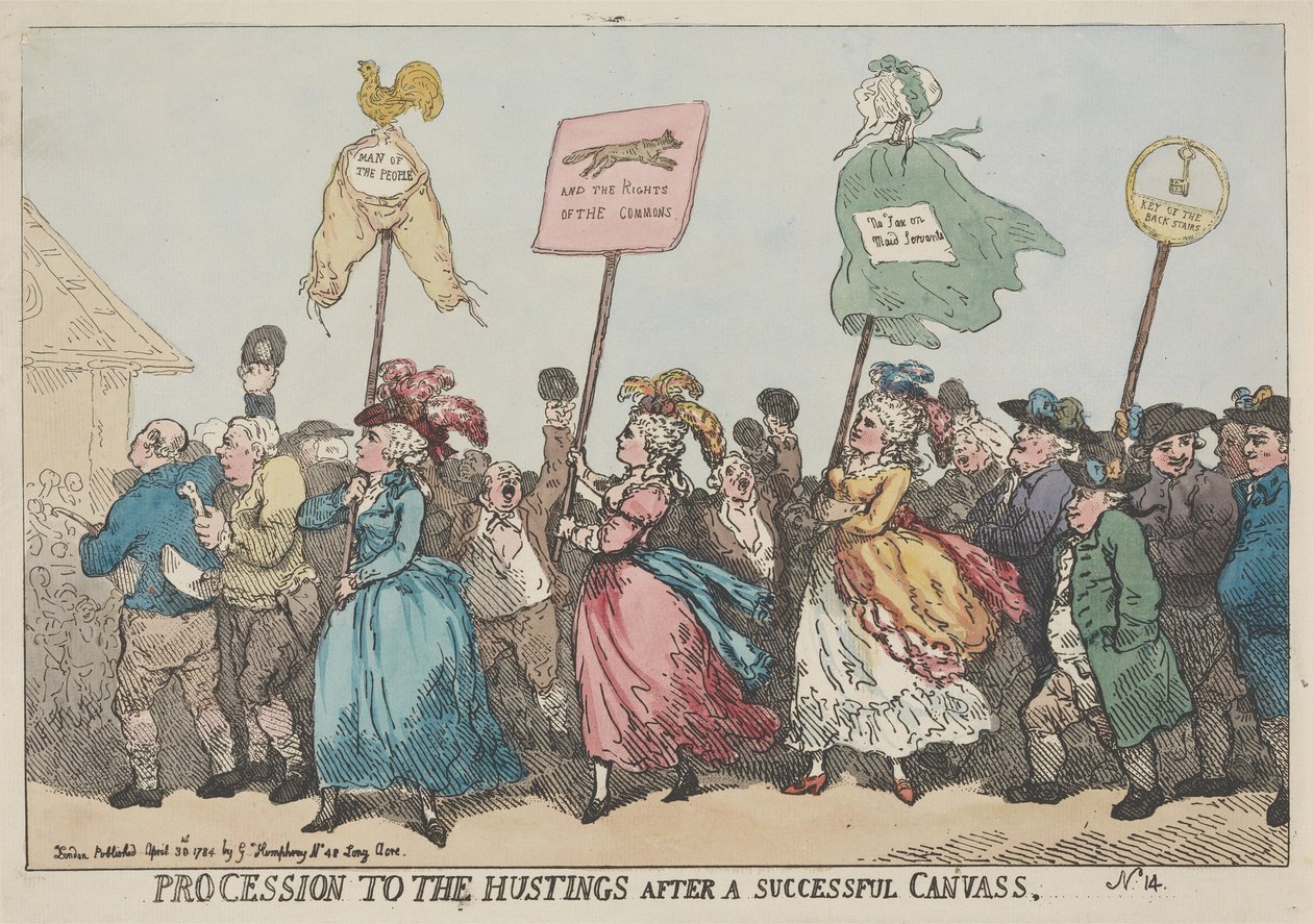 Prozession zu den Hustings nach erfolgreicher Wahlkampagne von Thomas Rowlandson