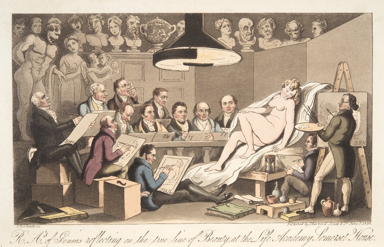 R---A---ys des Genies reflektieren über die wahre Linie der Schönheit an der Life Academy, Somerset House, aus The English Spy von Thomas Rowlandson