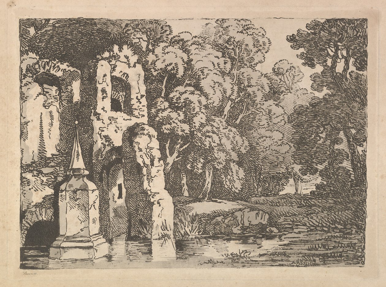 Ruinen neben einem Teich in einer bewaldeten Landschaft von Thomas Rowlandson