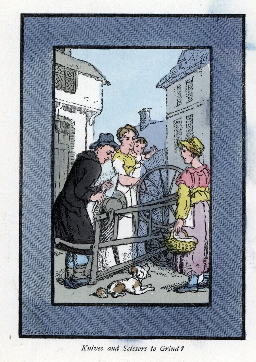 Messerschleifer schärft ein Messer an seinem Schleifstein, mit seinen Kunden (1819) von Thomas Rowlandson