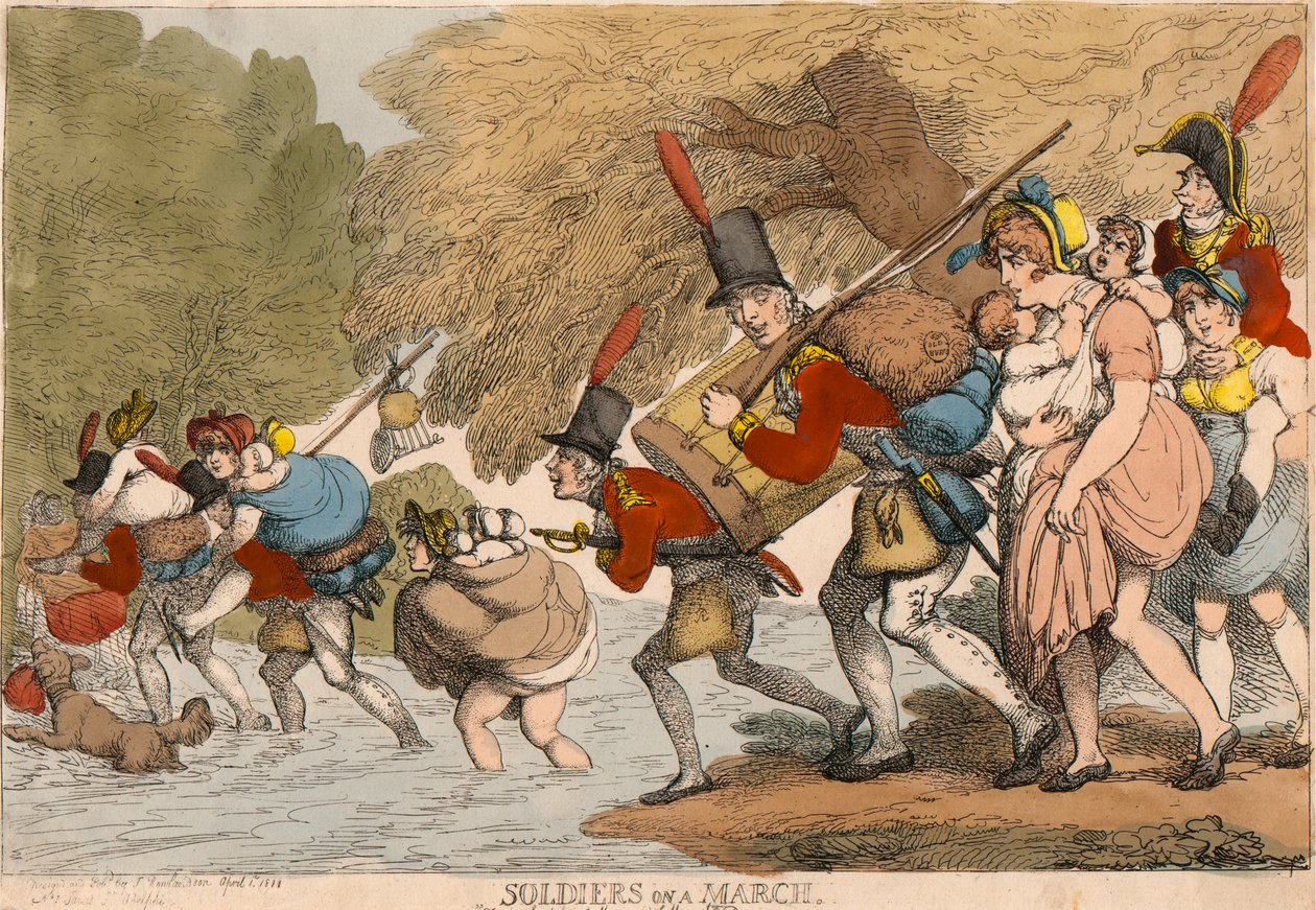 Soldaten auf dem Marsch: "Ihre Lumpen packen und dem Trommel folgen" von Thomas Rowlandson