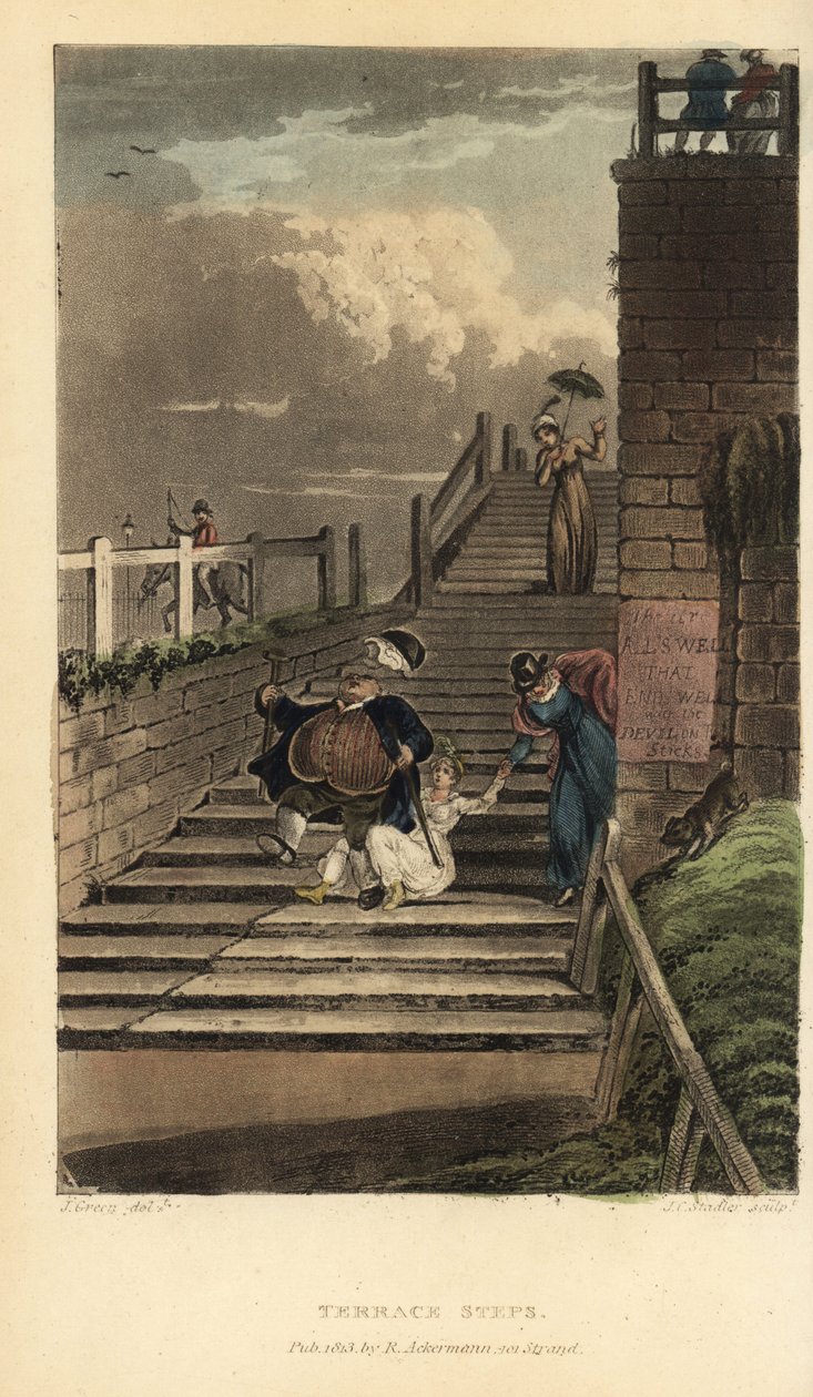 Terrassenstufen: Touristen stürzen die Treppe von Cliff Terrace hinunter. Handkolorierte Kupferstichgravur von Thomas Rowlandson, Aquatinta von J.C. Stadler, nach einer Skizze von J. Green aus Poetical Sketches of Scarborough, Ackermann, London von Thomas Rowlandson