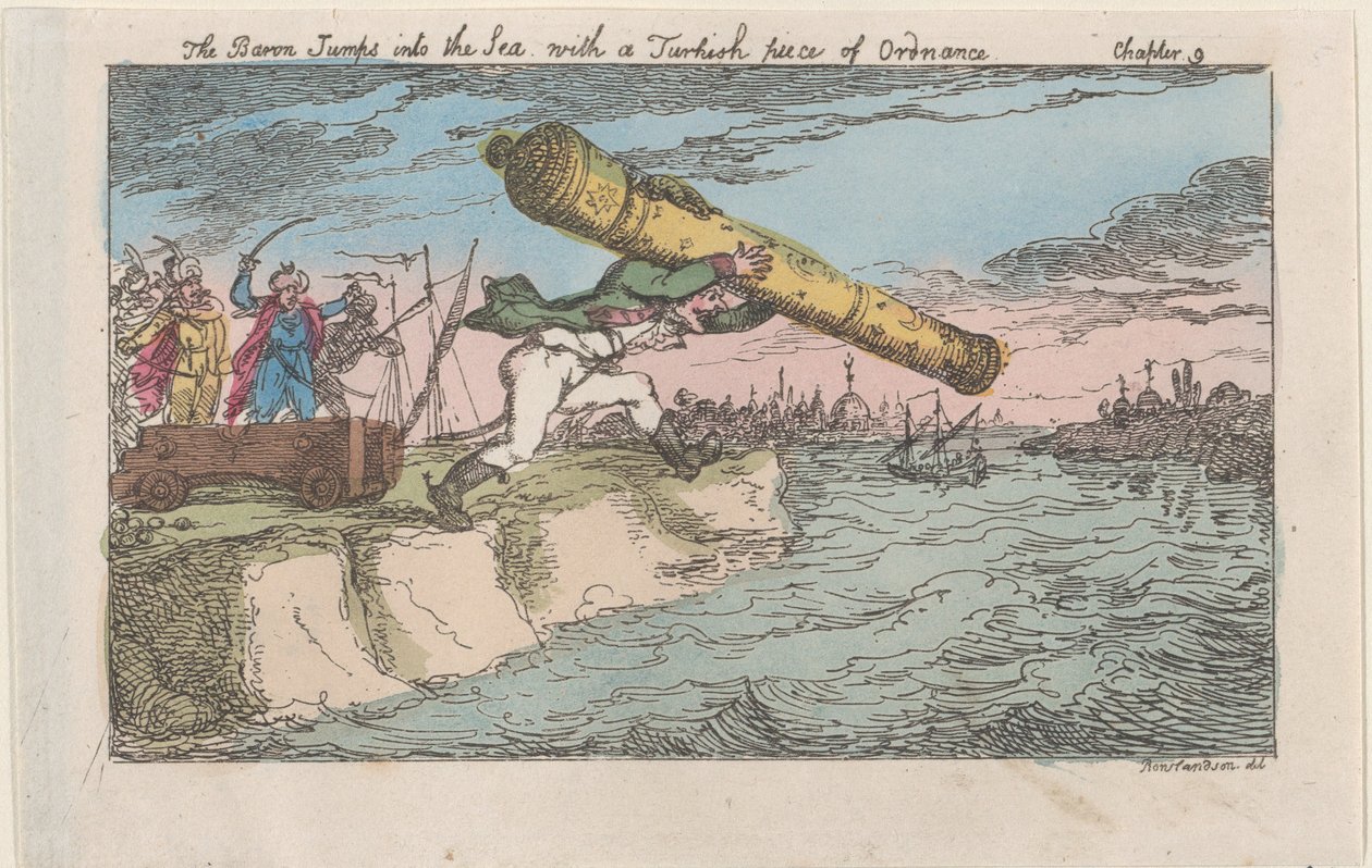 Der Baron springt mit einem türkischen Geschütz ins Meer von Thomas Rowlandson