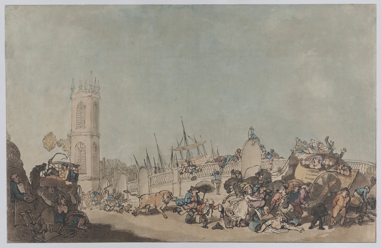Der übertriebene Ochse (Wilder Stier auf der Westminster Bridge) von Thomas Rowlandson