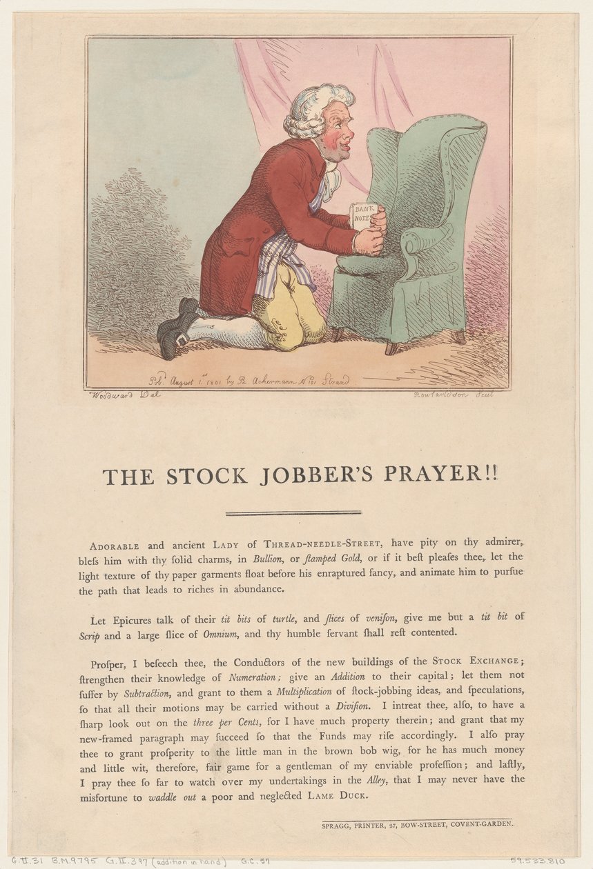 Das Gebet des Börsenmaklers!!, 1. August 1801 von Thomas Rowlandson