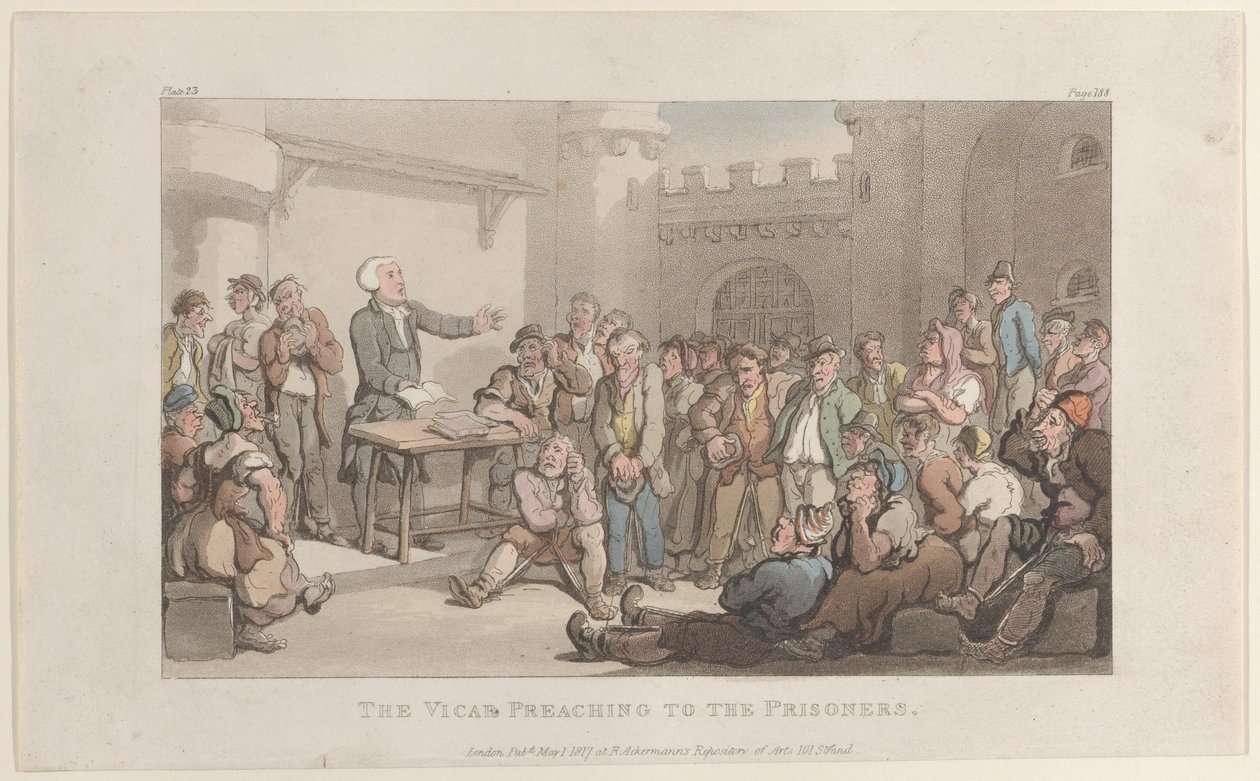 Der Pfarrer predigt den Gefangenen, aus Der Pfarrer von Wakefield von Thomas Rowlandson
