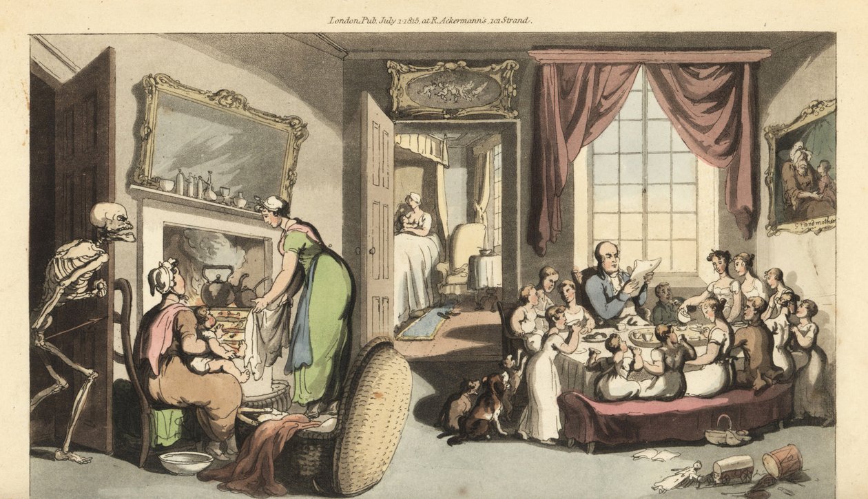 Das Skelett des Todes erscheint im Wohnzimmer einer großen Familie, um ein Kind oder Neugeborenes zu holen. Handkolorierte Kupferplatte, gezeichnet und graviert von Thomas Rowlandson aus The English Dance of Death, Ackermann, London von Thomas Rowlandson
