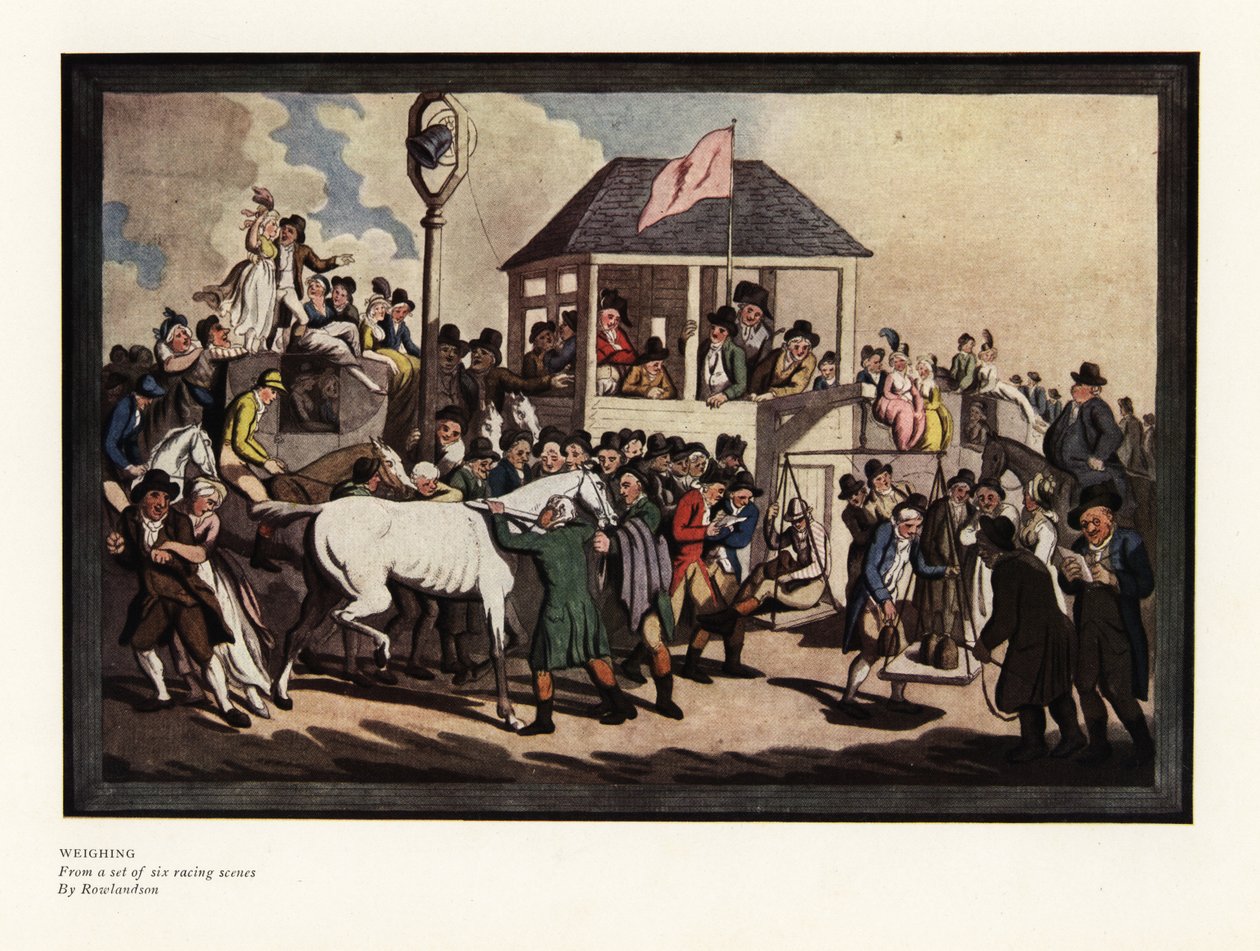 Wiegen eines Jockeys auf einer Waage an einer Rennstrecke von Thomas Rowlandson