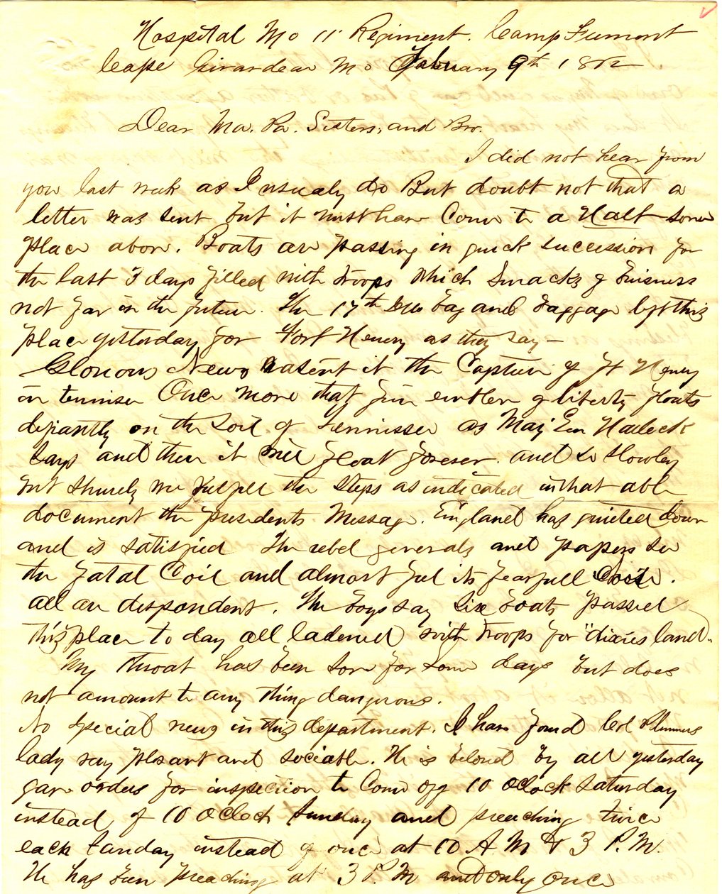 Brief unterschrieben T.S. Hawley, Hospital 11. Missouri Infanterie, Camp Fremont, Cape Girardeau, an Familie, 9. Februar 1862 von Thomas S. Hawley