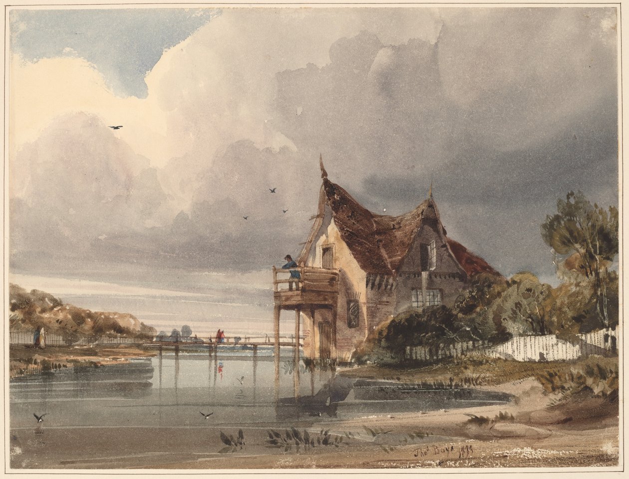 Ein Fluss und ein Cottage mit weißem Zaun von Thomas Shotter Boys