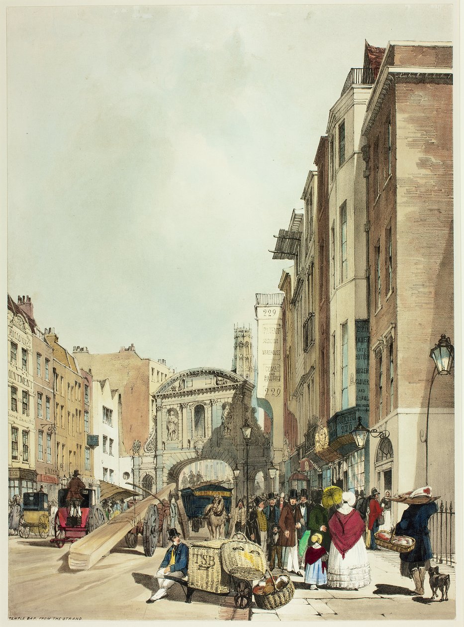 Temple Bar von The Strand, Platte 22 aus Originalansichten von London wie es ist von Thomas Shotter Boys