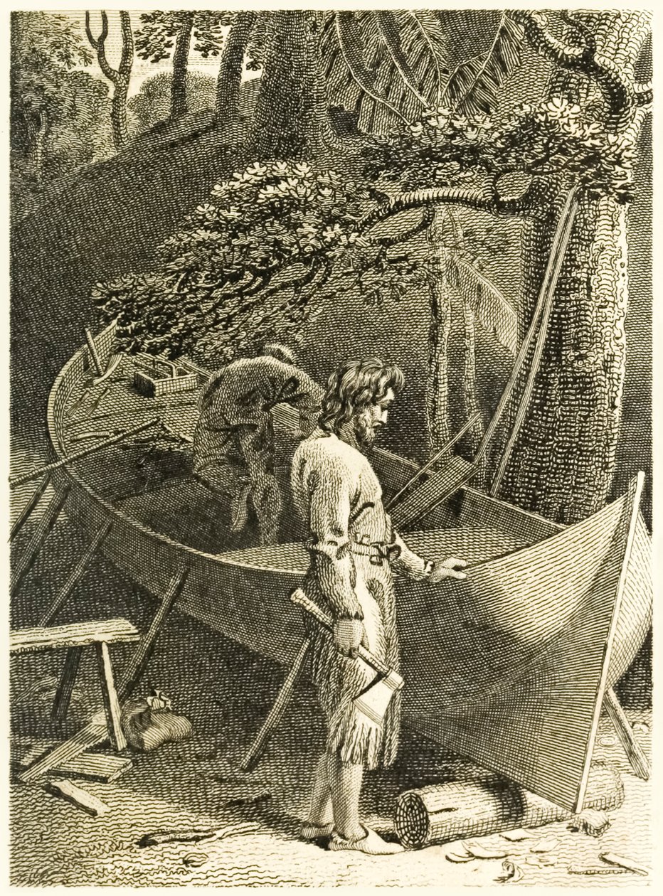 Robinson Crusoe und Freitag bauen ein Boot aus 