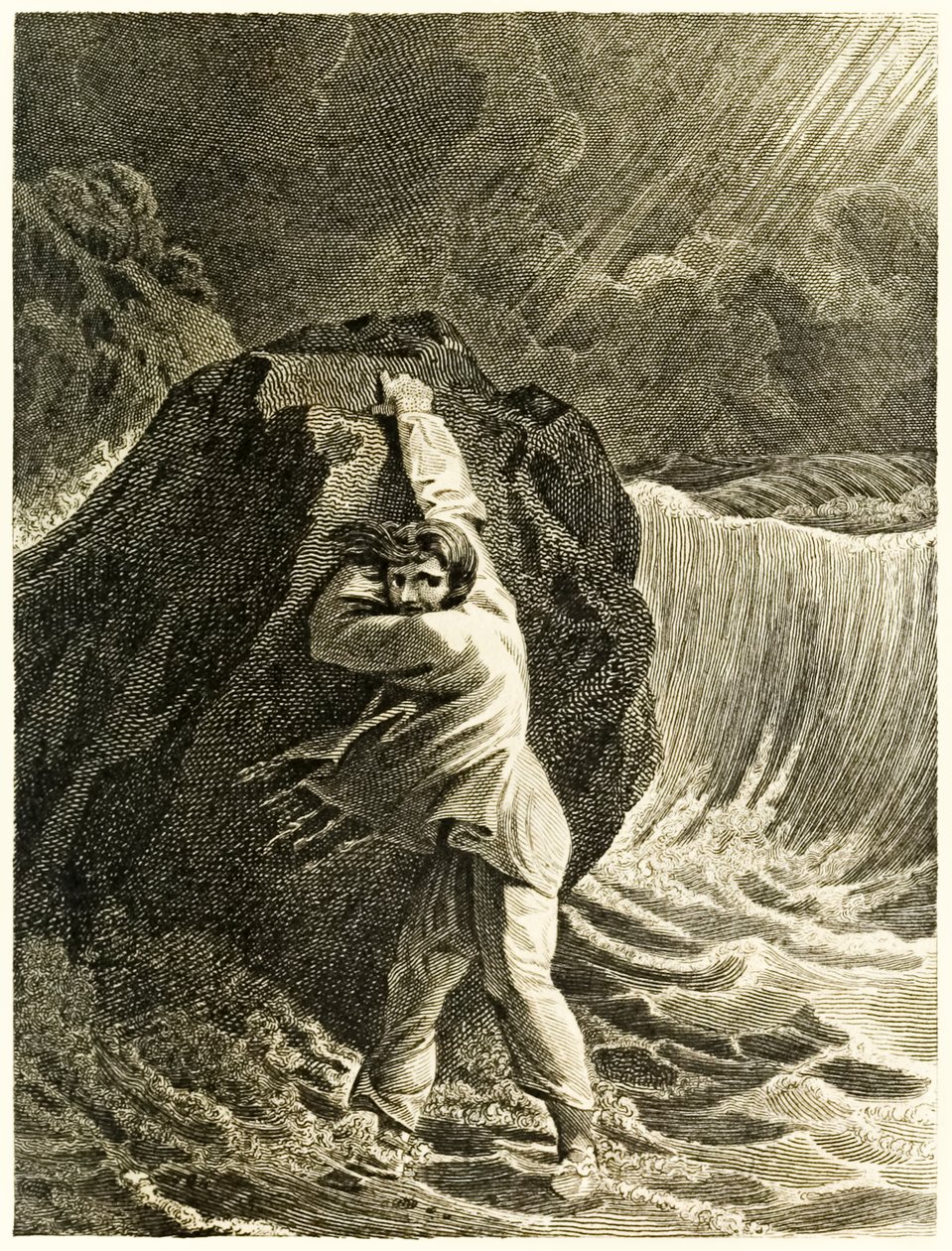 Robinson Crusoe Schiffbruch und klammert sich an einen Felsen aus 