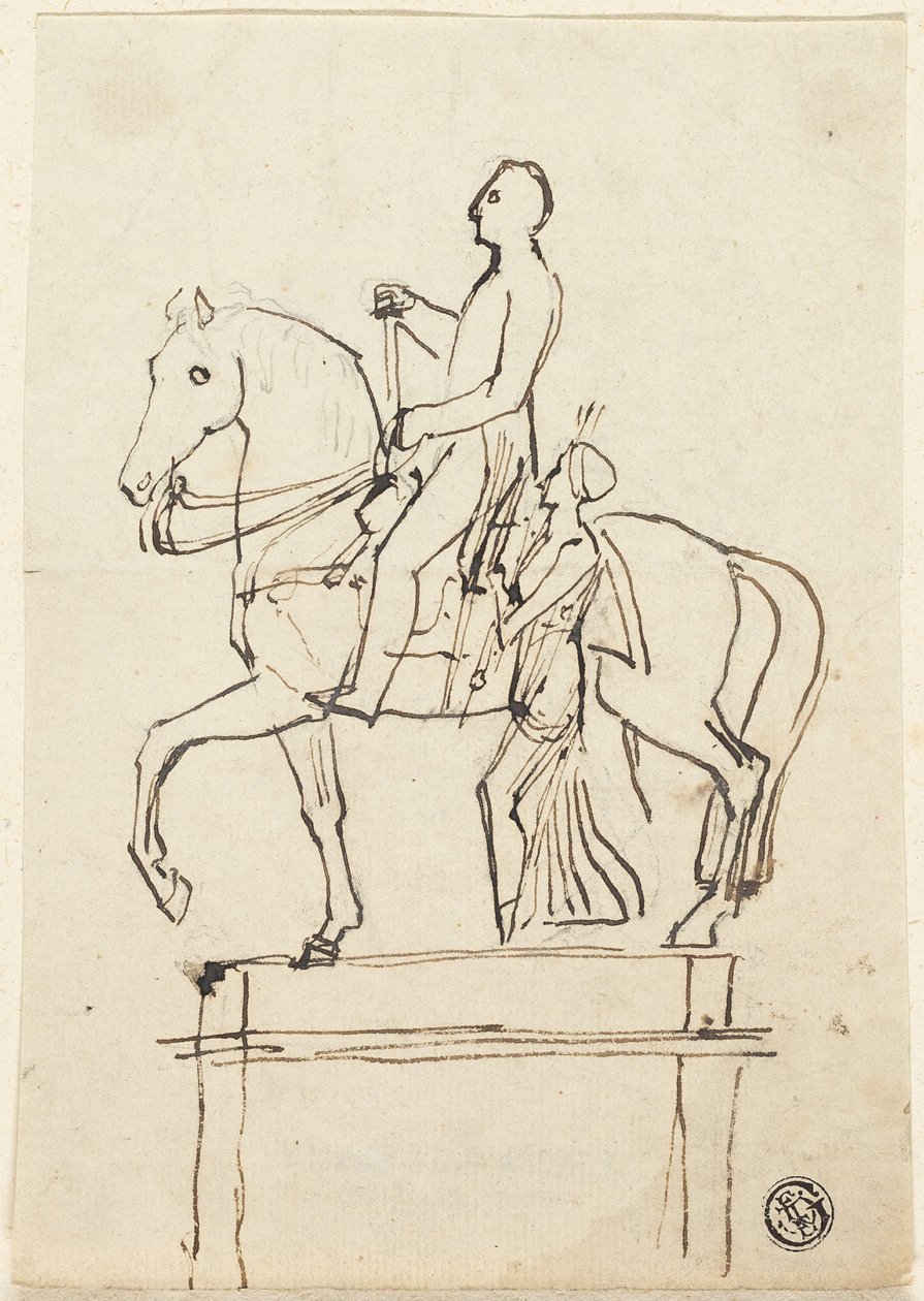 Skulptur eines Reiters begleitet von einer stehenden Frau von Thomas Stothard