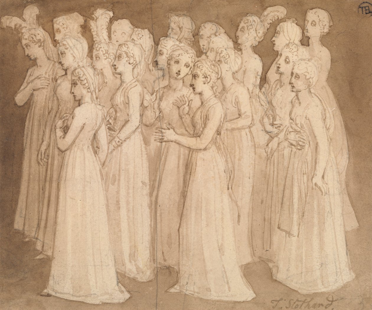 Zwanzig junge Mädchen in einer Gruppe, die nach links gehen von Thomas Stothard