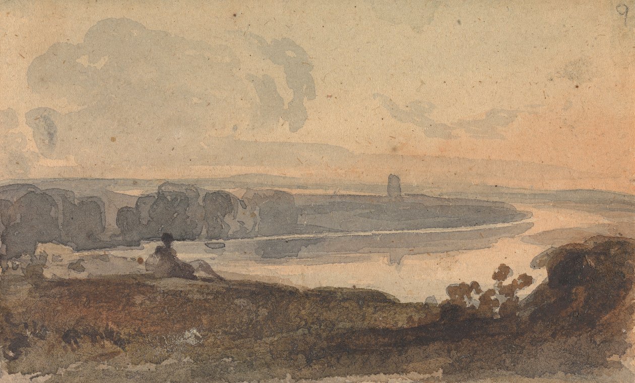 Landschaft mit gewundenem Fluss, Figur auf Hügel im Vordergrund von Thomas Sully