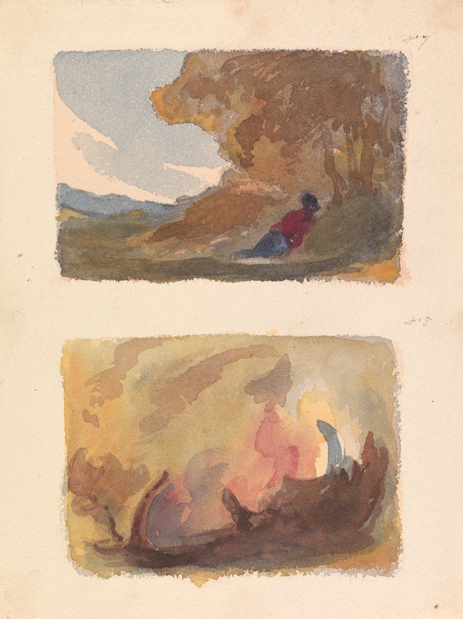 Zwei Zeichnungen auf einem Blatt: Landschaft mit Figur, die sich gegen einen Hügel lehnt - Tizian und Venezianische Schule (Nr. 7); Landschaft - Verschiedene Aquarellwäschen (Nr. 8) von Thomas Sully