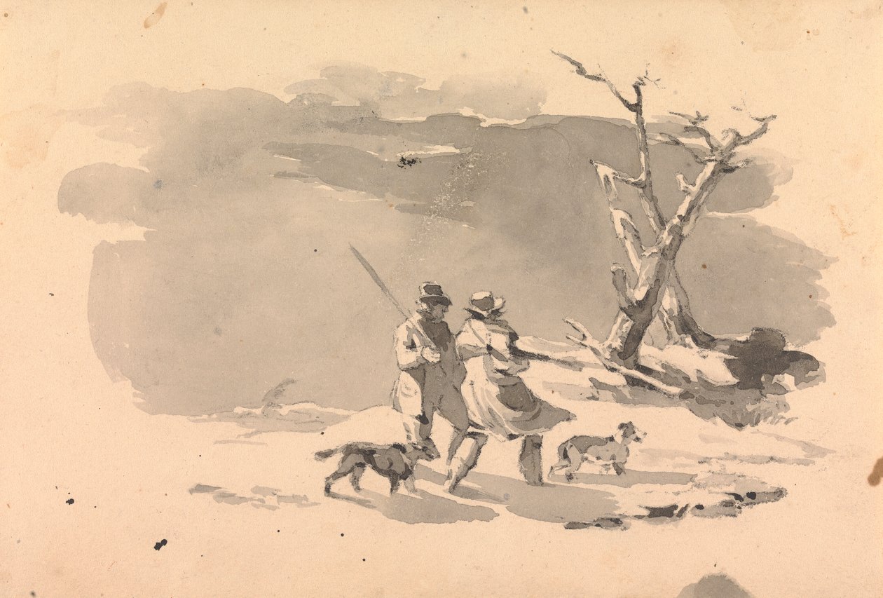 Zwei Jäger und zwei Hunde in einer Winterszene von Thomas Sully