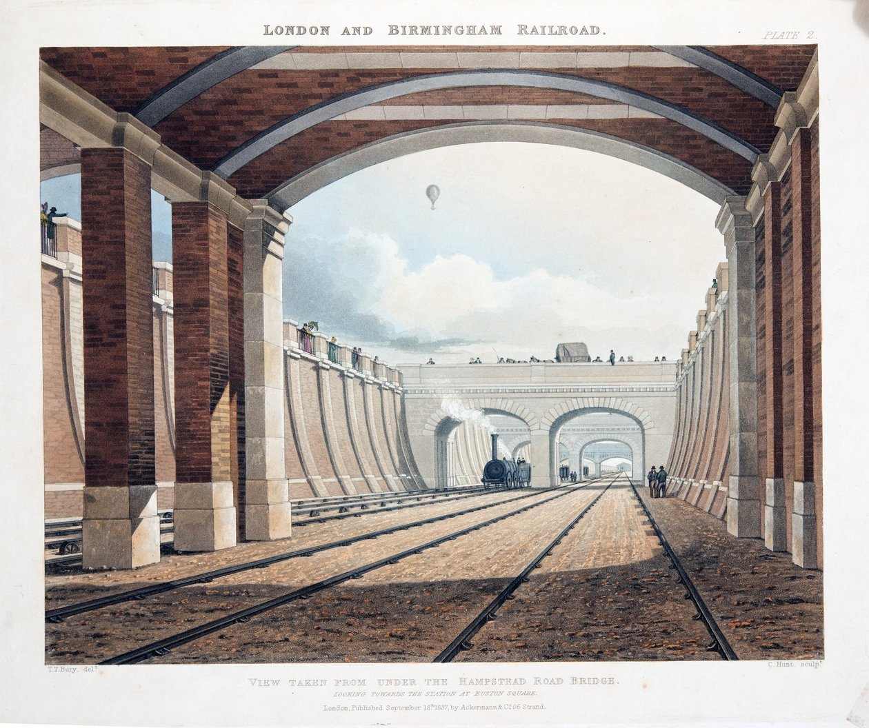 Ansicht von unter der Hampstead Road Bridge, Blick auf den Bahnhof am Euston Square, 1837 von Thomas Talbot Bury