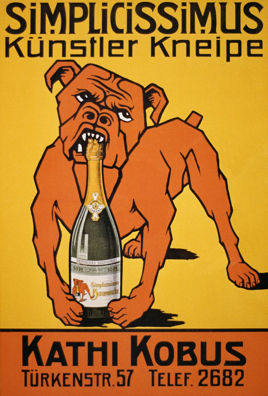 Vintage-Poster eines Bulldoggen, der eine Champagnerflasche beißt von Thomas Theodor Heine