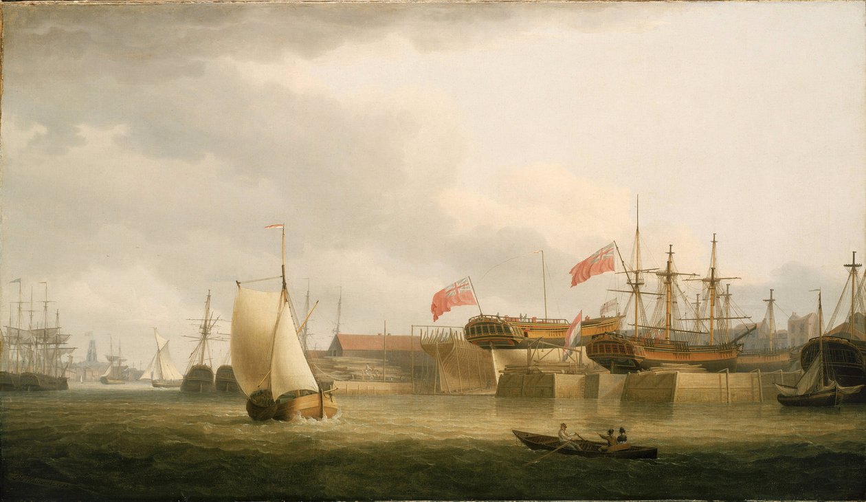 Werften an der Themse (England), in Redriff, gegenüber dem Turm der St.-Annen-Kirche in Limehouse von Thomas Whitcombe