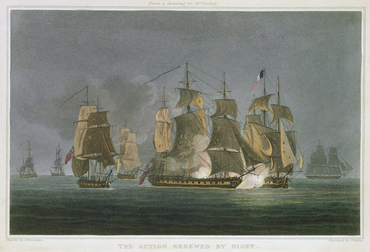 Die Aktion wird bei Nacht vor Madagaskar erneuert, 20. Mai 1811, graviert von J. Bailey für 