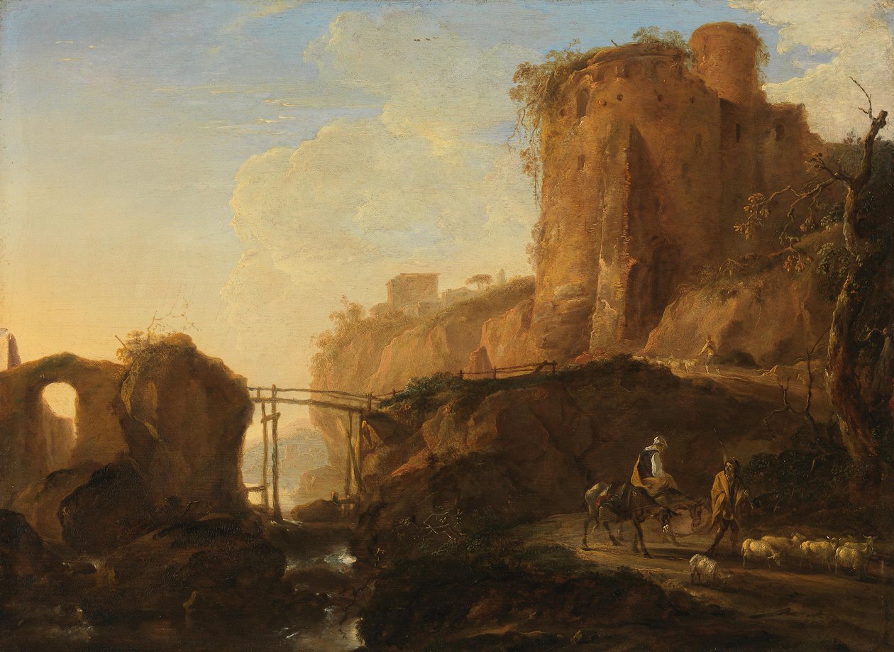 Italianisierende Landschaft mit Brücke und Burgruine von Thomas Wyck