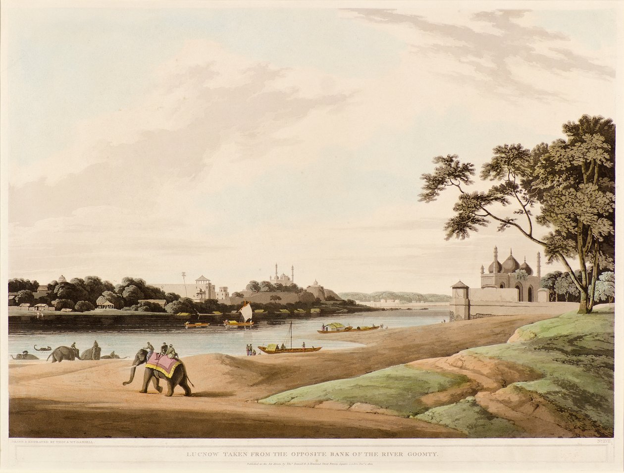 Lucknow vom gegenüberliegenden Ufer des Flusses Goomty aus gesehen von Thomas und William Daniell