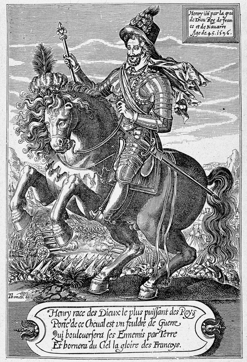 Porträt von Heinrich IV. (1553 - 1610) (auf einem Pferd) im Alter von 45 Jahren, graviert von Thomas de Leu von Thomas de Leu